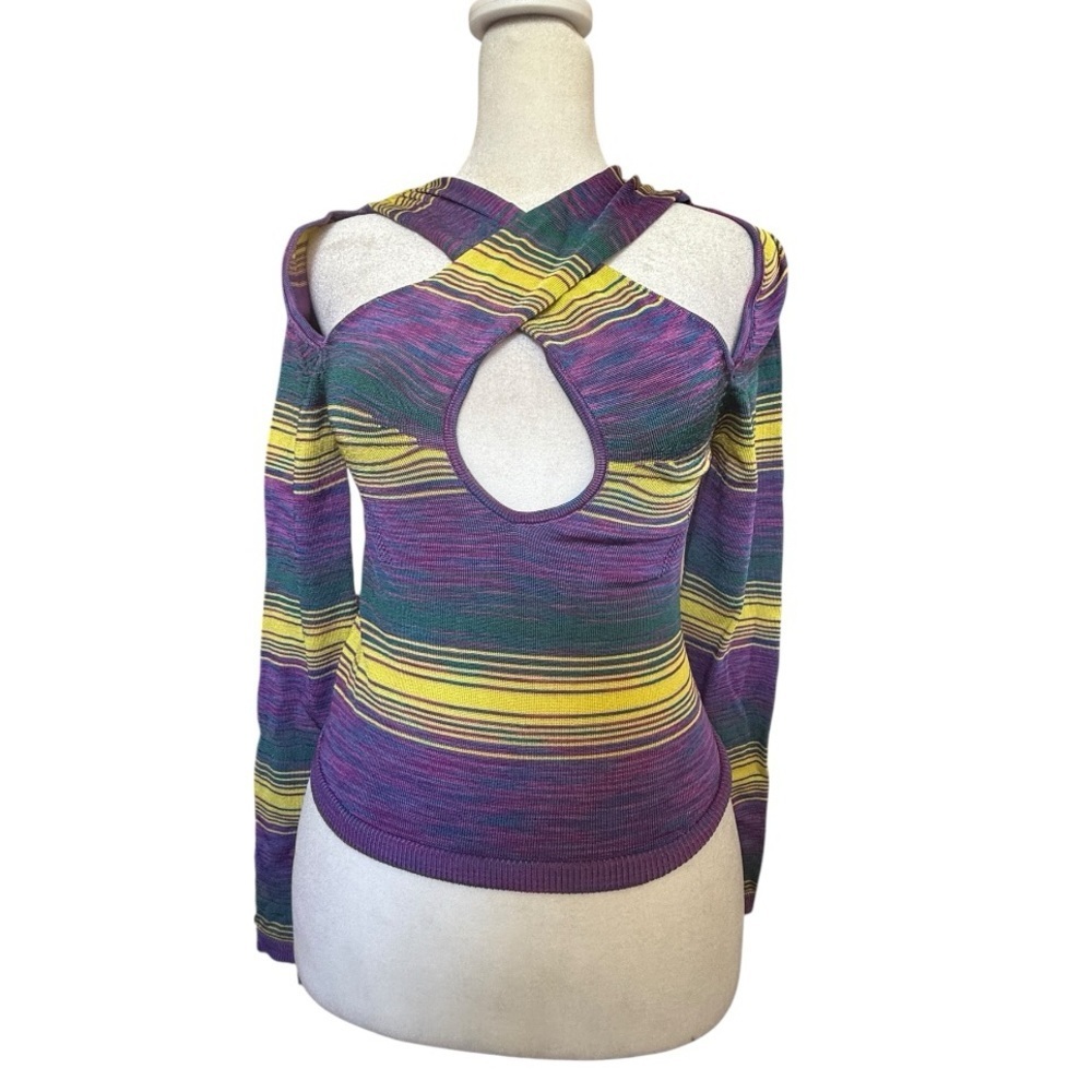 Urban Outfitters Rainbow Stripe Cutout Top Medium Cropped Knit Sweater